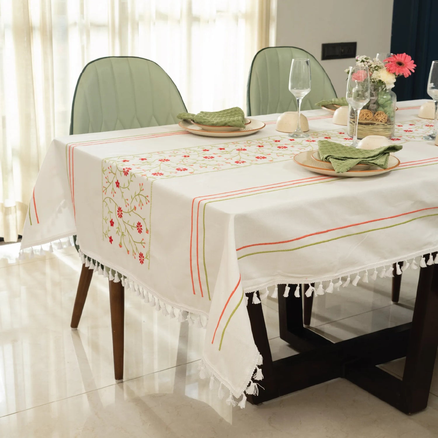 Embroidered Cotton Dining Table, 4 & 6 Seater Table Covers - Manjari