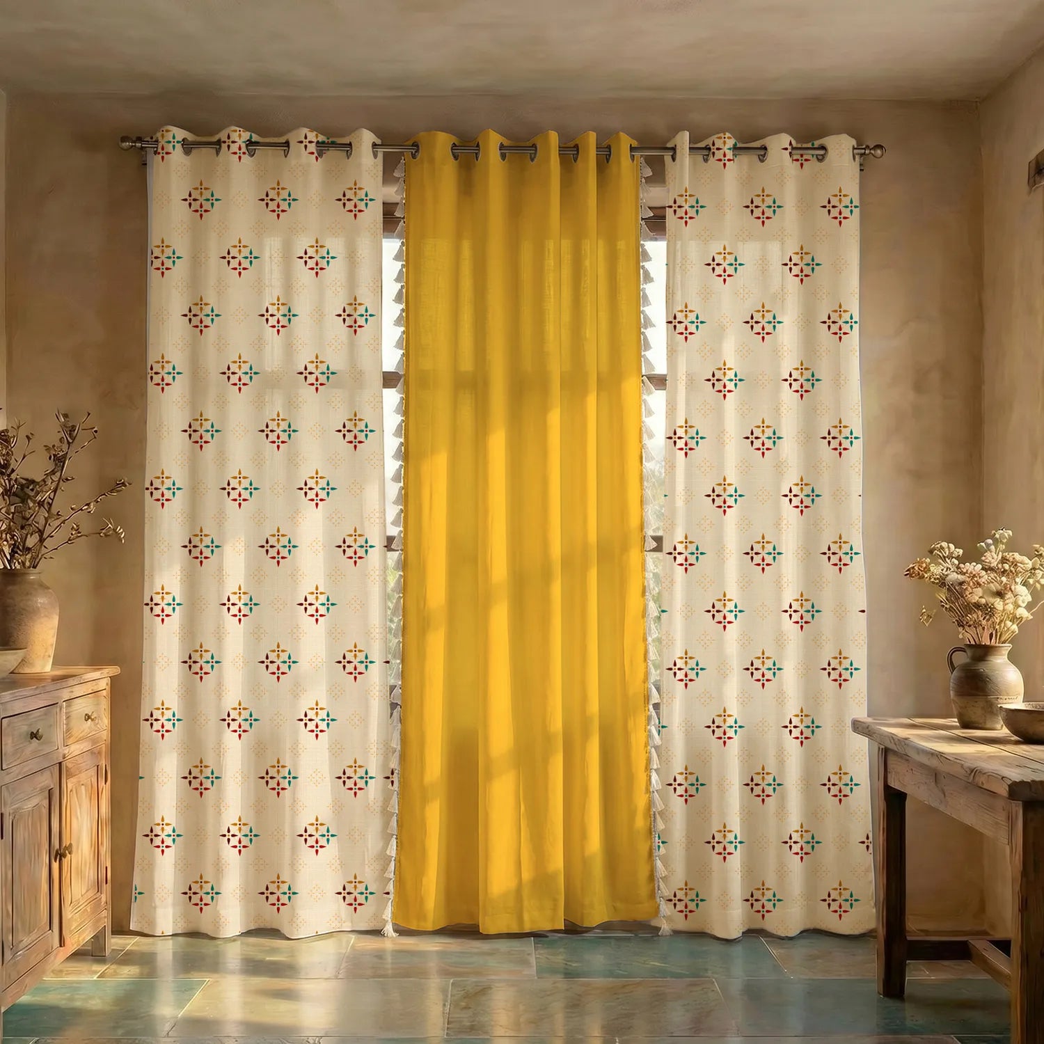 Cotton Curtains Combo, Set of 3 curtains, 60-65% Room Darkening Curtain - Mosaic Yellow & Aura Yellow