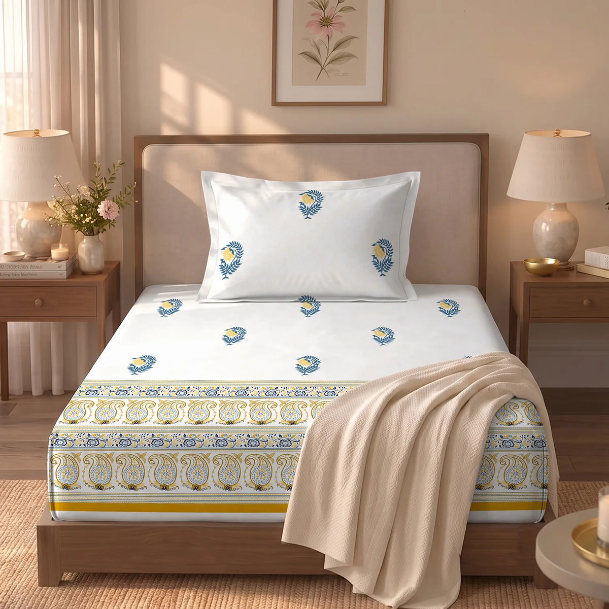 Serene 300 TC 100% Cotton Single Bedsheet with Pillow Covers - Ethnic Motif - Yellow