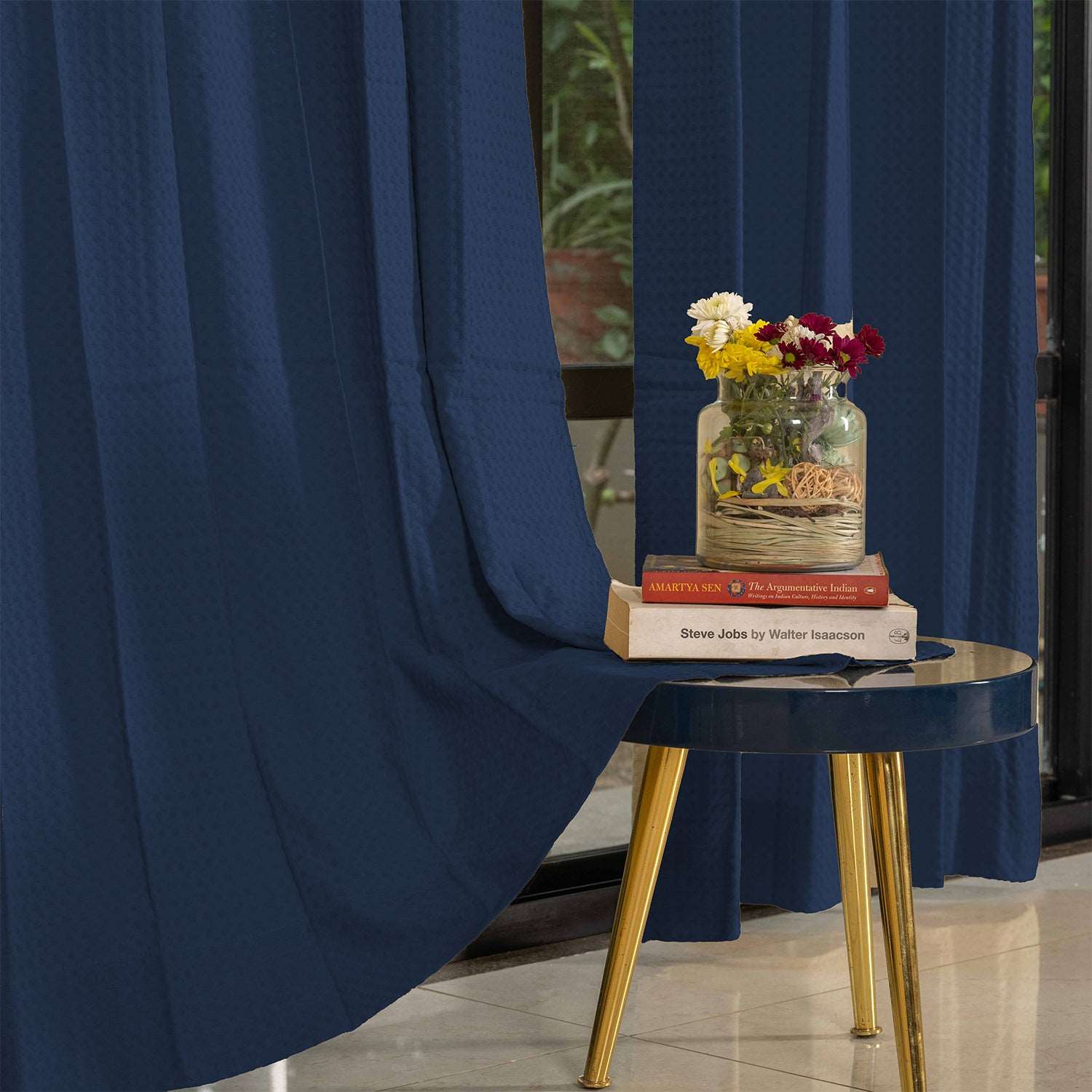 100% Cotton Waffle weave Curtains, 60-65% Room Darkening Curtain - Pack of 2 - Navy Blue