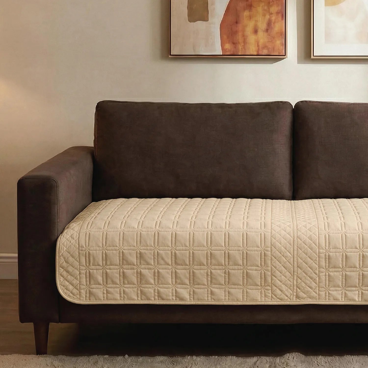 Anti Skid Quilted Velvet Sofa Mats, Box Grid - Cuboid Beige