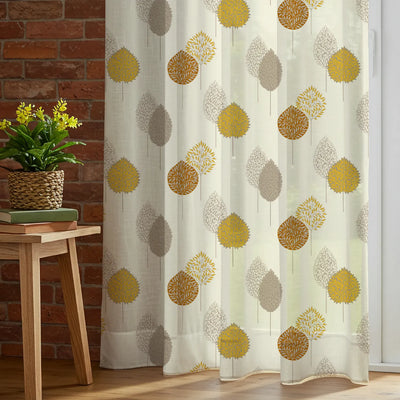 Sheer Curtains, Linen Textured & Digital Printed, Pack of 2 - Drops Mustard