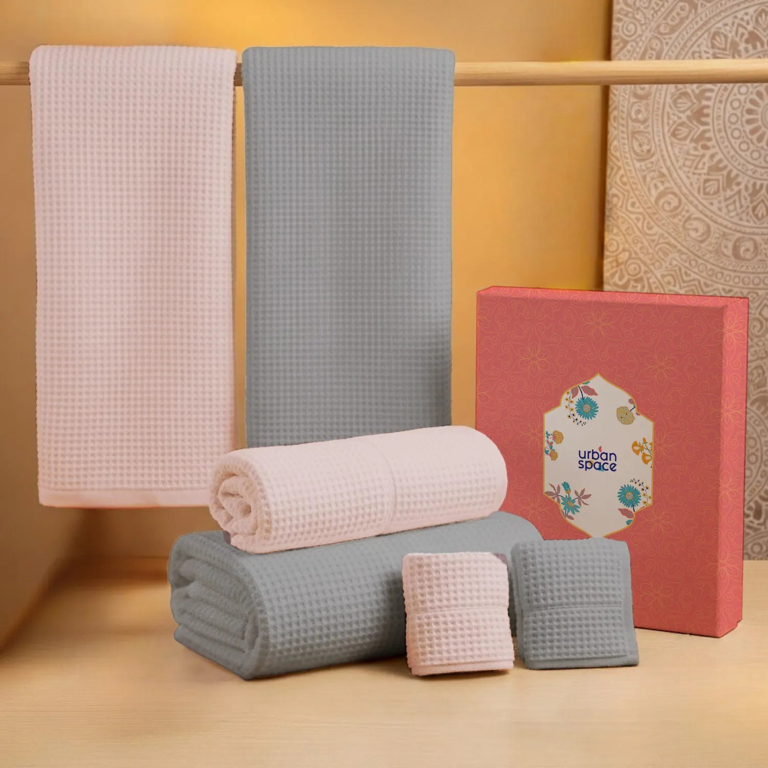 6-Piece Towel Set, Skin Friendly and Quick Dry, in Gift Box, Grey & Pink
