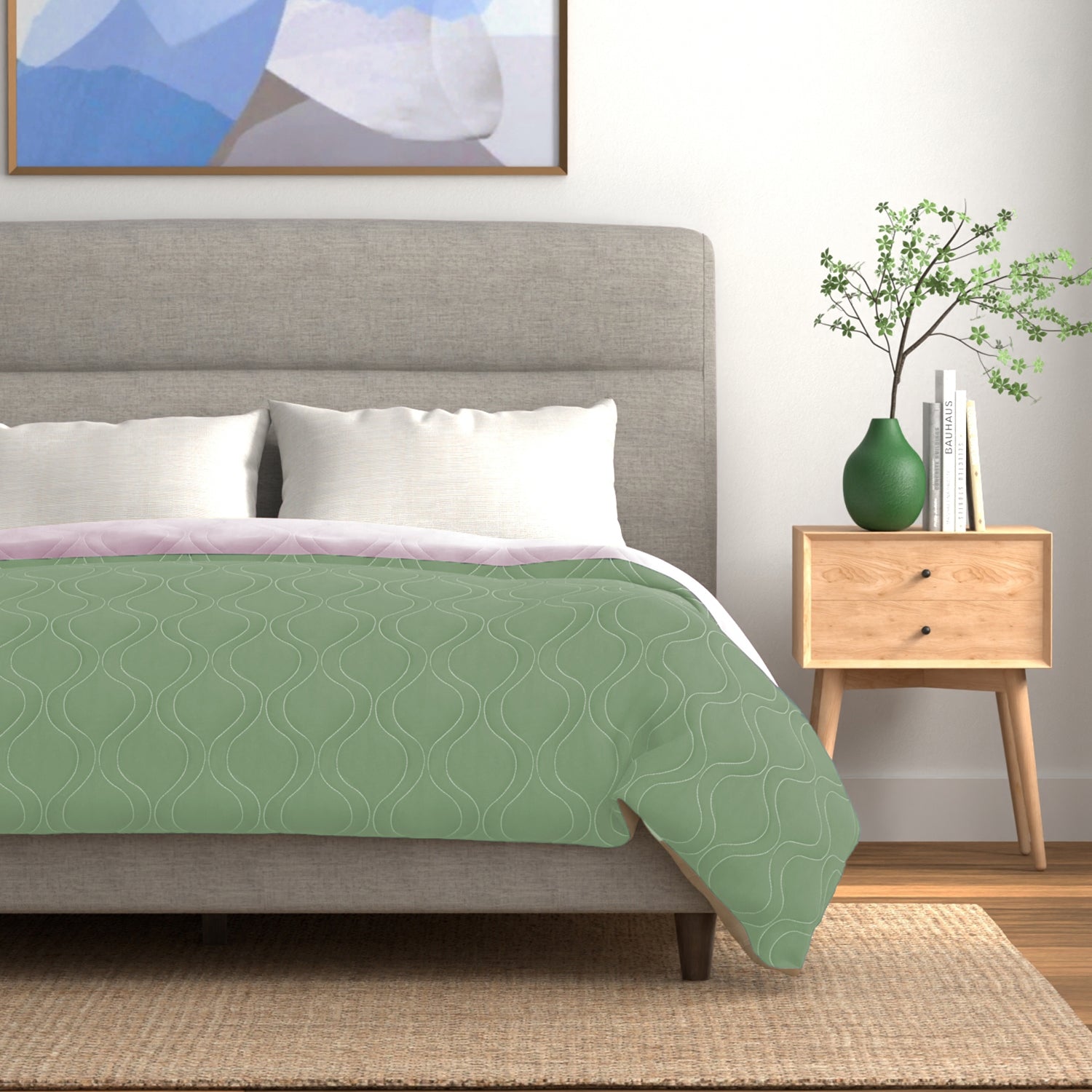 Brushed Microfiber All Season Reversible Quilted Blanket, Ideal For AC Rooms - Sage Green & Blush