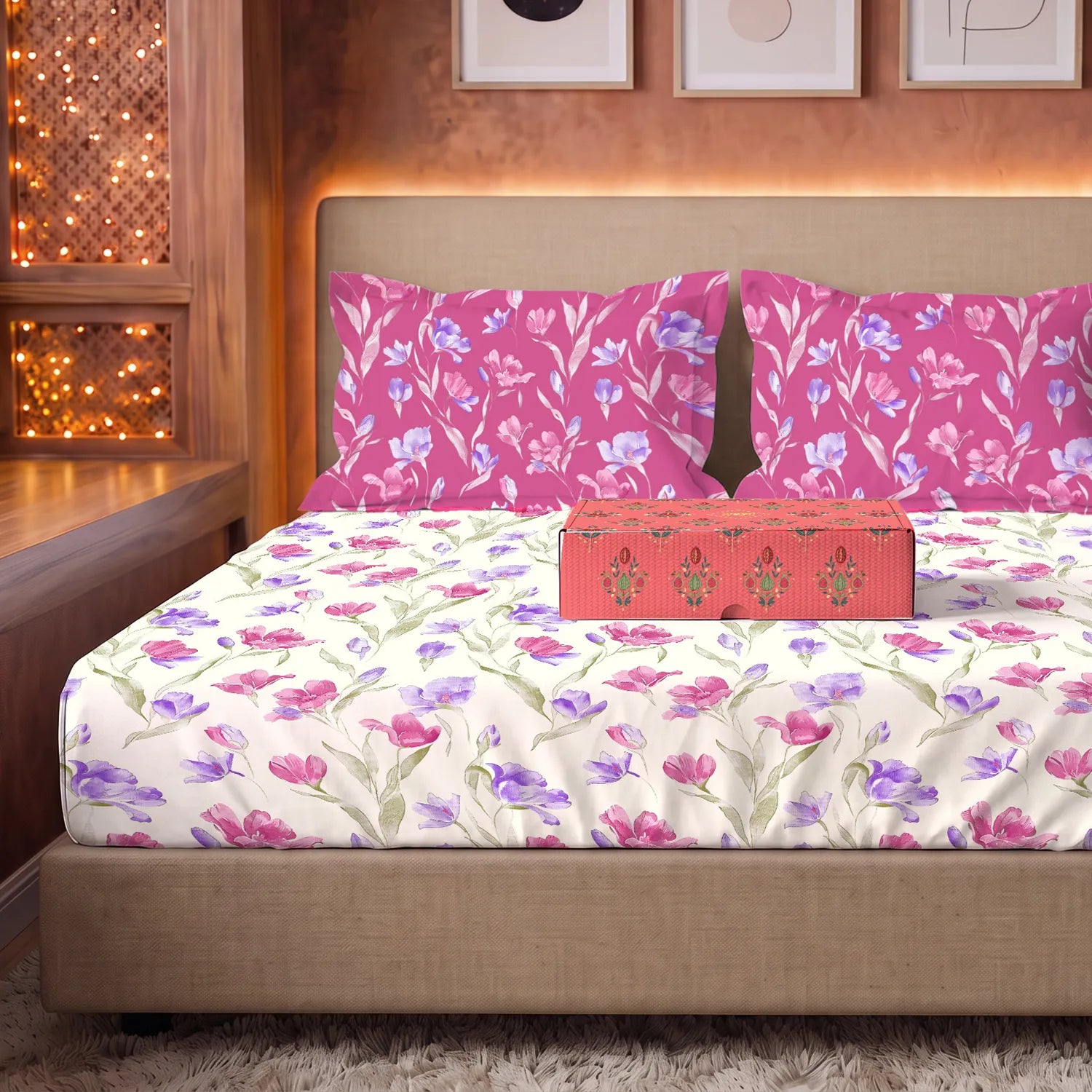 144 TC 100% Cotton Bedsheet Set in Gift Box - Autumn Pink