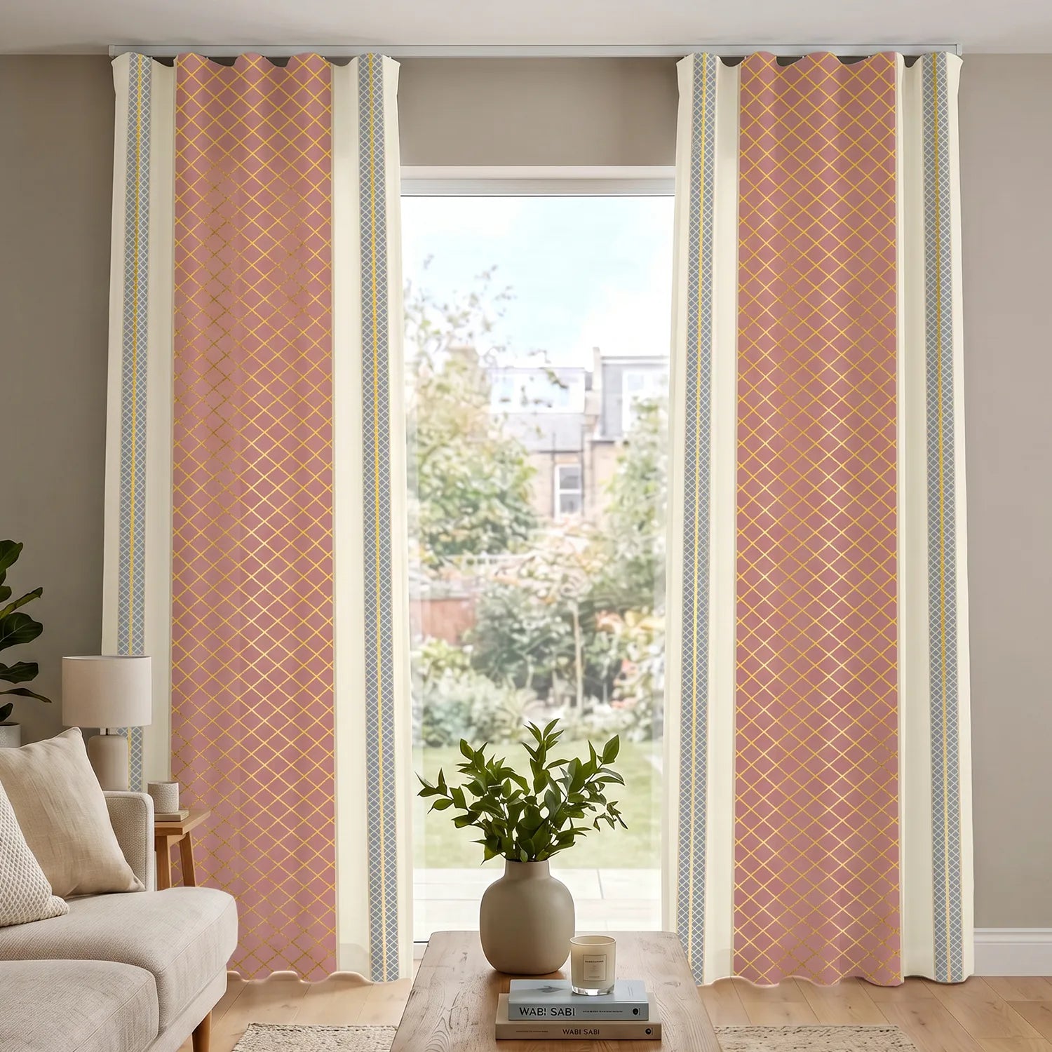 100% Cotton Curtains for Living Room, Bedroom curtains with Track Channel - Pack of 2 curtains, Zari Jaal Dusty Pink Gold