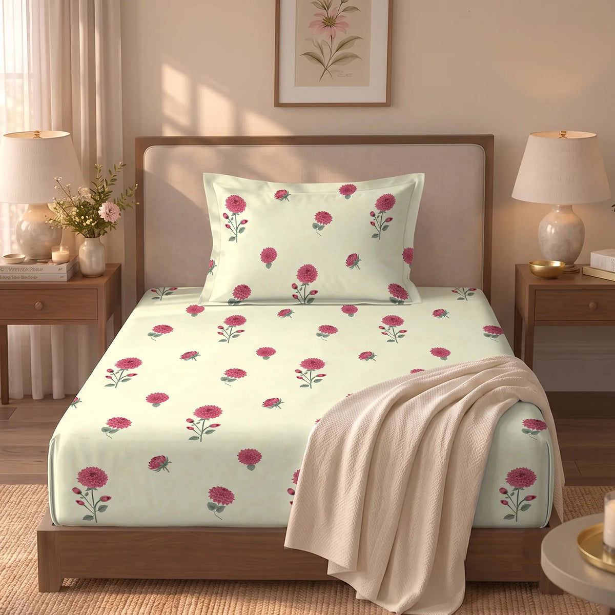 Serene 300 TC 100% Cotton Single Bedsheet with Pillow Covers - Postcard Home Pink