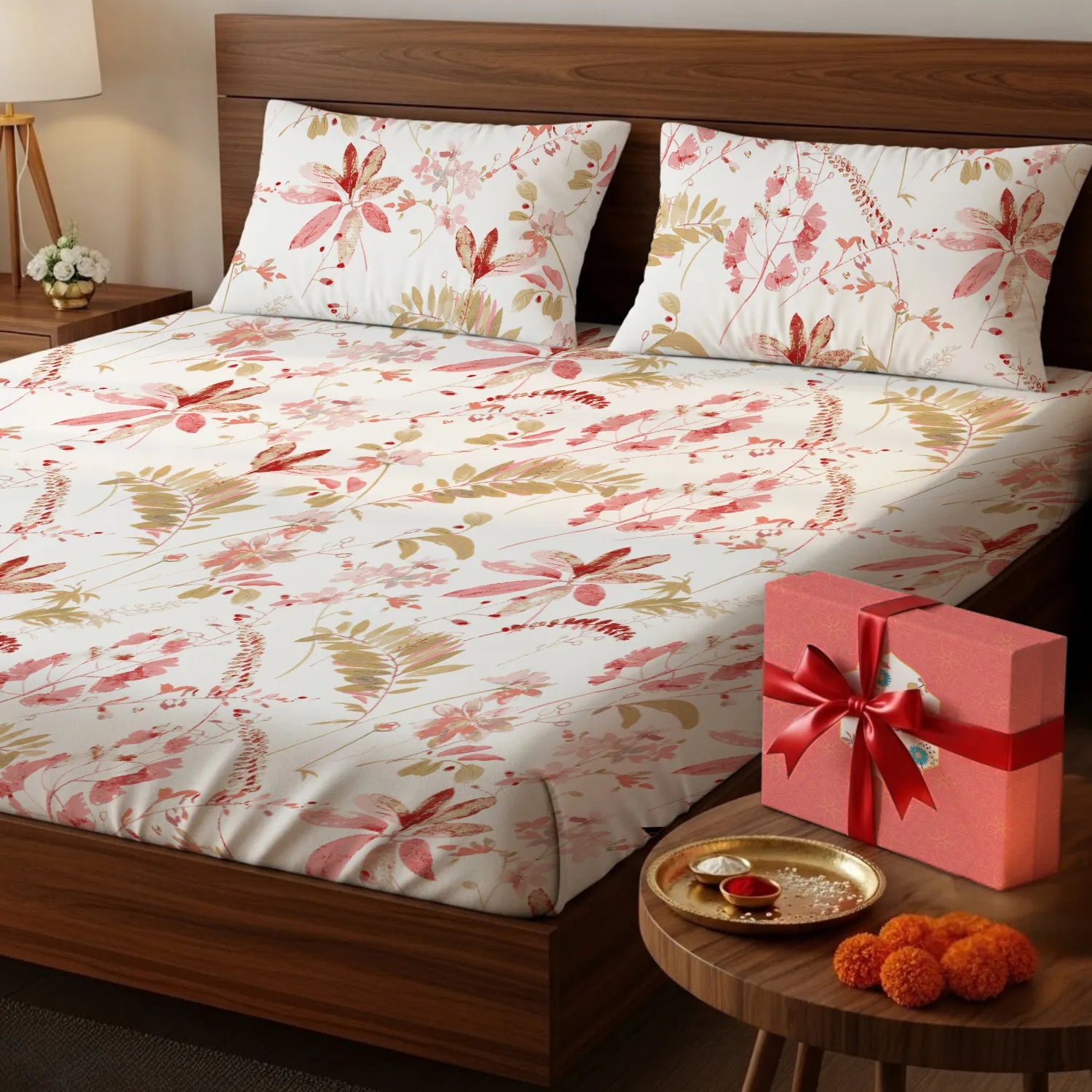 200 TC 100% Cotton Bedsheet Set in Gift Box - Floral Feast Peach