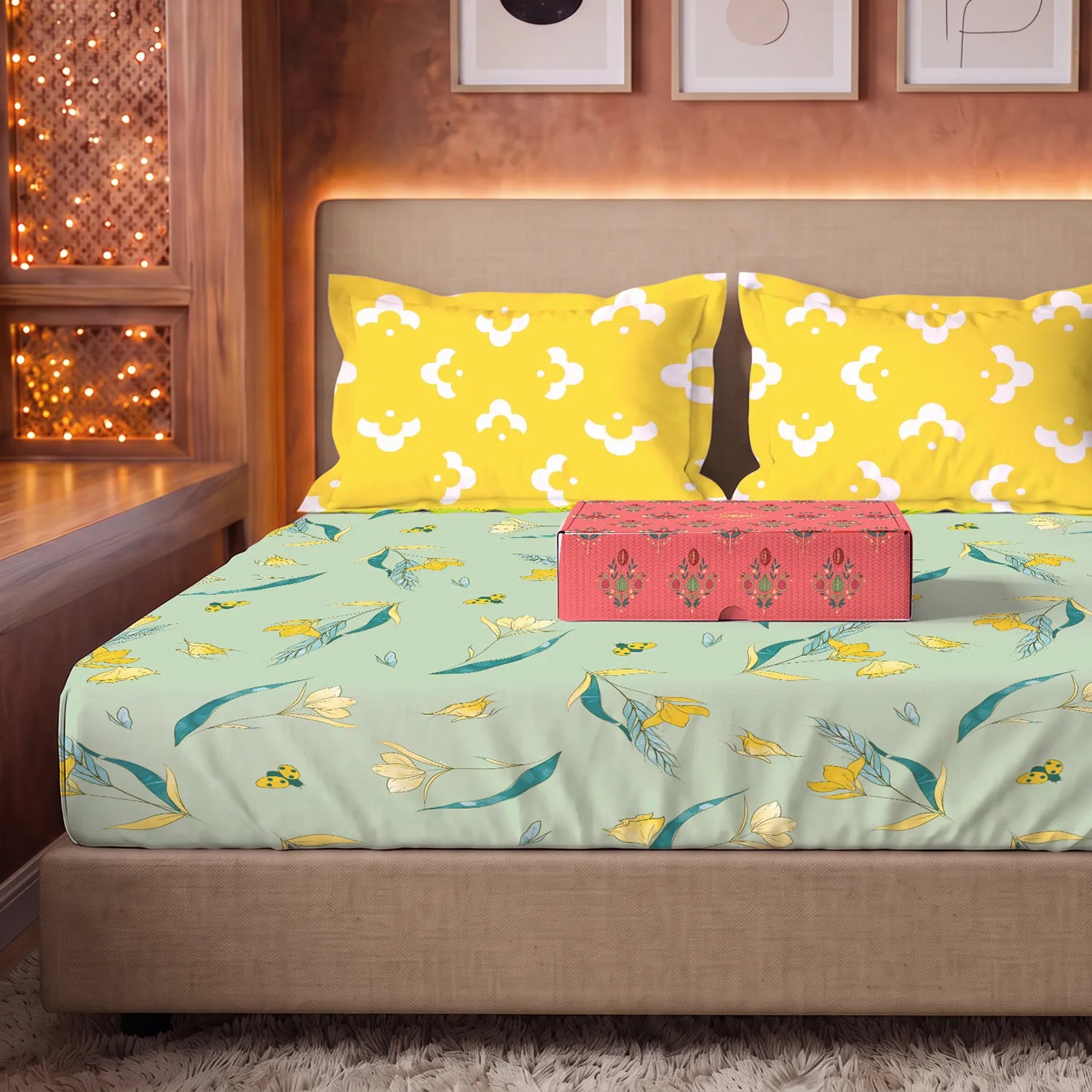 144 TC 100% Cotton Bedsheet Set in Gift Box - Sprinkle Yellow