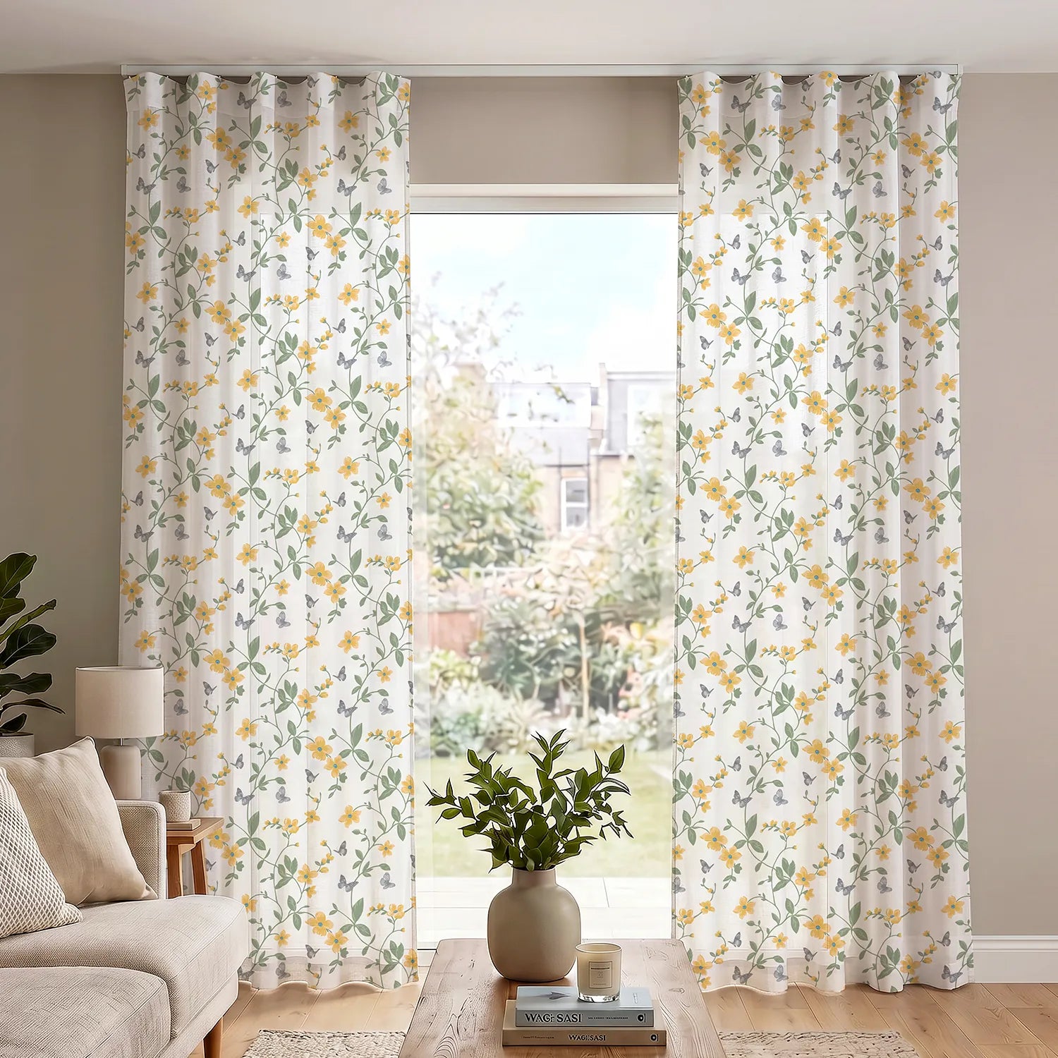 Printed Sheer Linen Curtains with Track Channel, Light Filtering, Pack of 2 Curtains - Floral Yellow