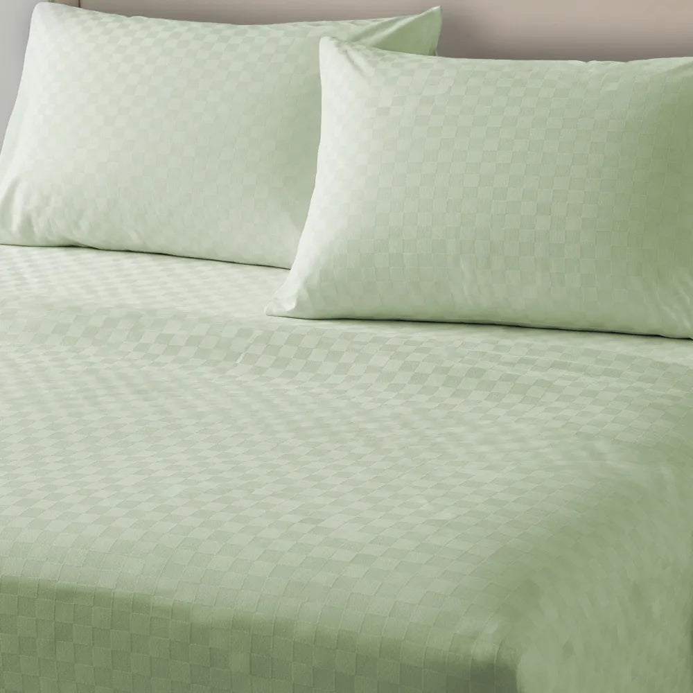 Fitted King Size 300 TC Super Soft Bedsheet, Self Woven Cubes Design - Tea Green Cubes