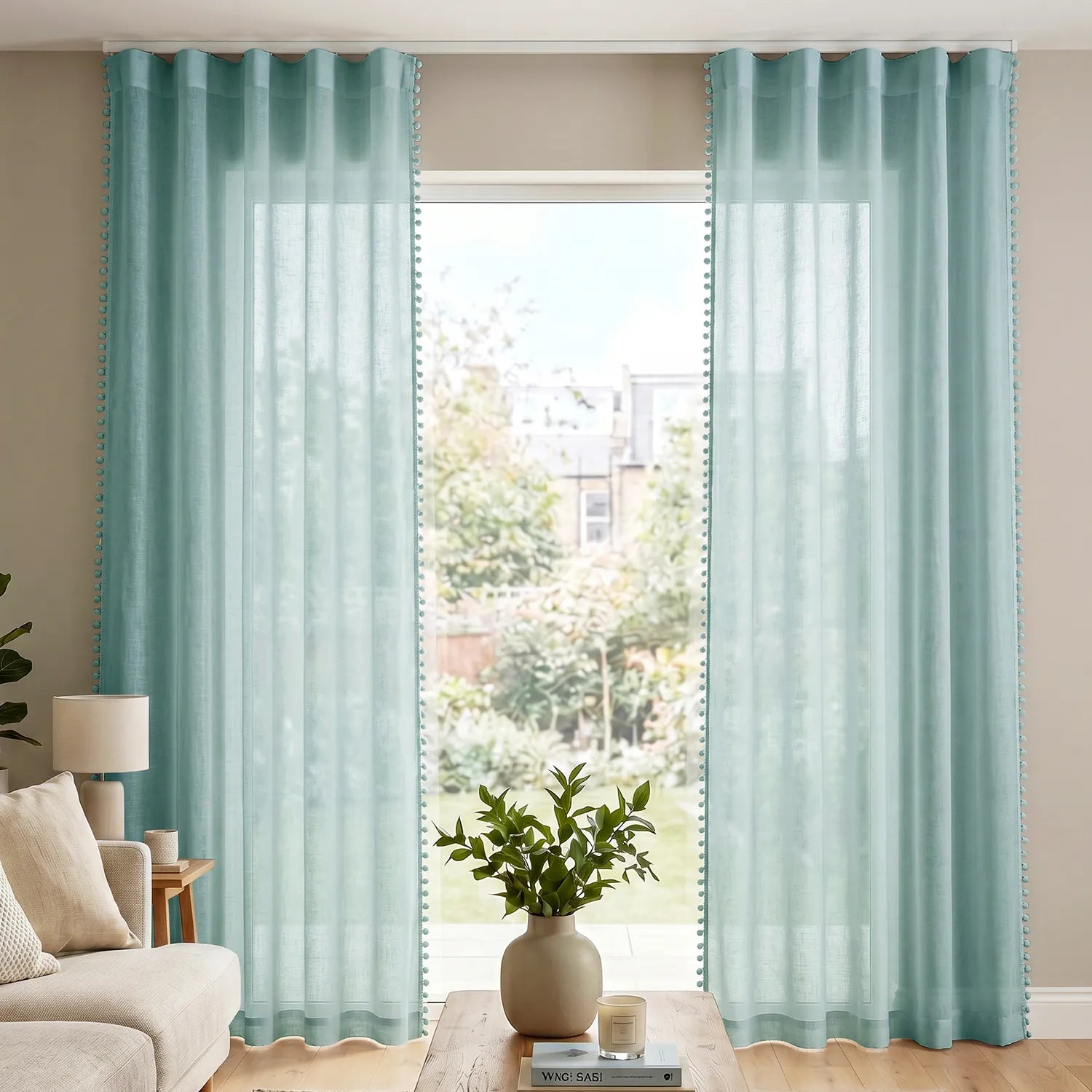 Sheer Curtain for Living Room with linen texture & Track Channel, Net Curtain for balcony, Pack of 2 Curtains -  Aqua with pom pom