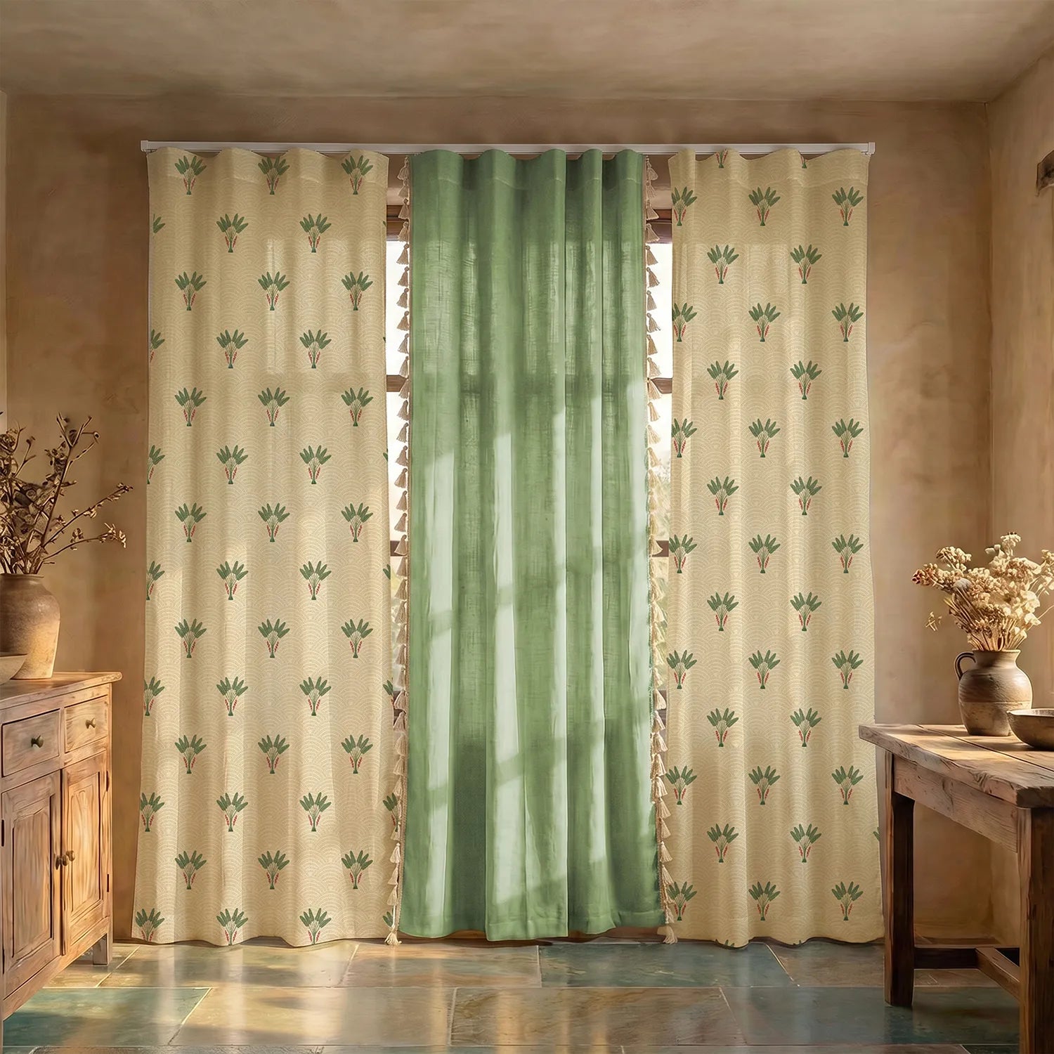 Cotton Curtains Combo, Set of 3 curtains, 60-65% Room Darkening Curtain - Palm Lagoon Green & Aura Sage Green