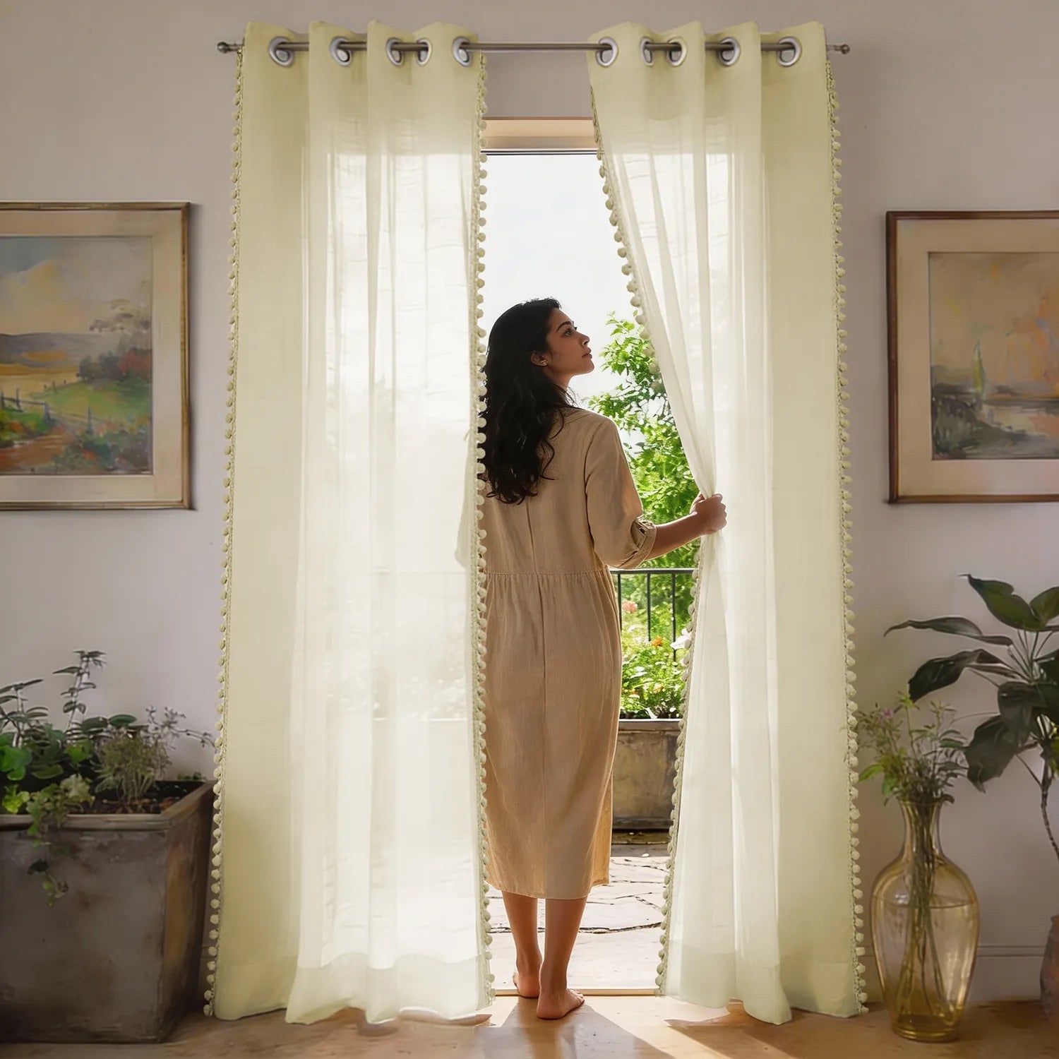 Sheer Curtain for Living Room with linen texture, Net Curtain for balcony, Pack of 2 Curtains -Butter cream with pom pom