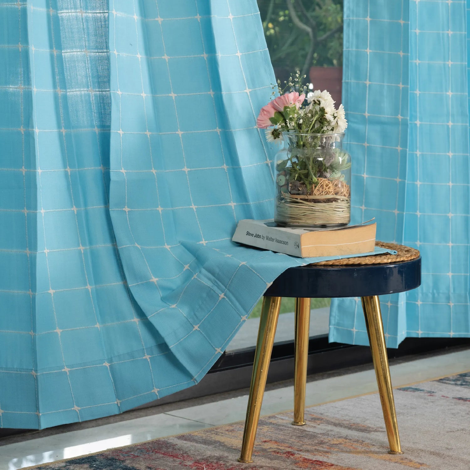 Pixel Checks Light Blue Embroidered Curtains – Pack of 2