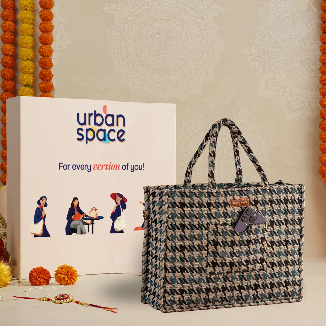 Sustainable Office and Casual Travel Bag for her in Gift Box, Houndstooth Green-Black