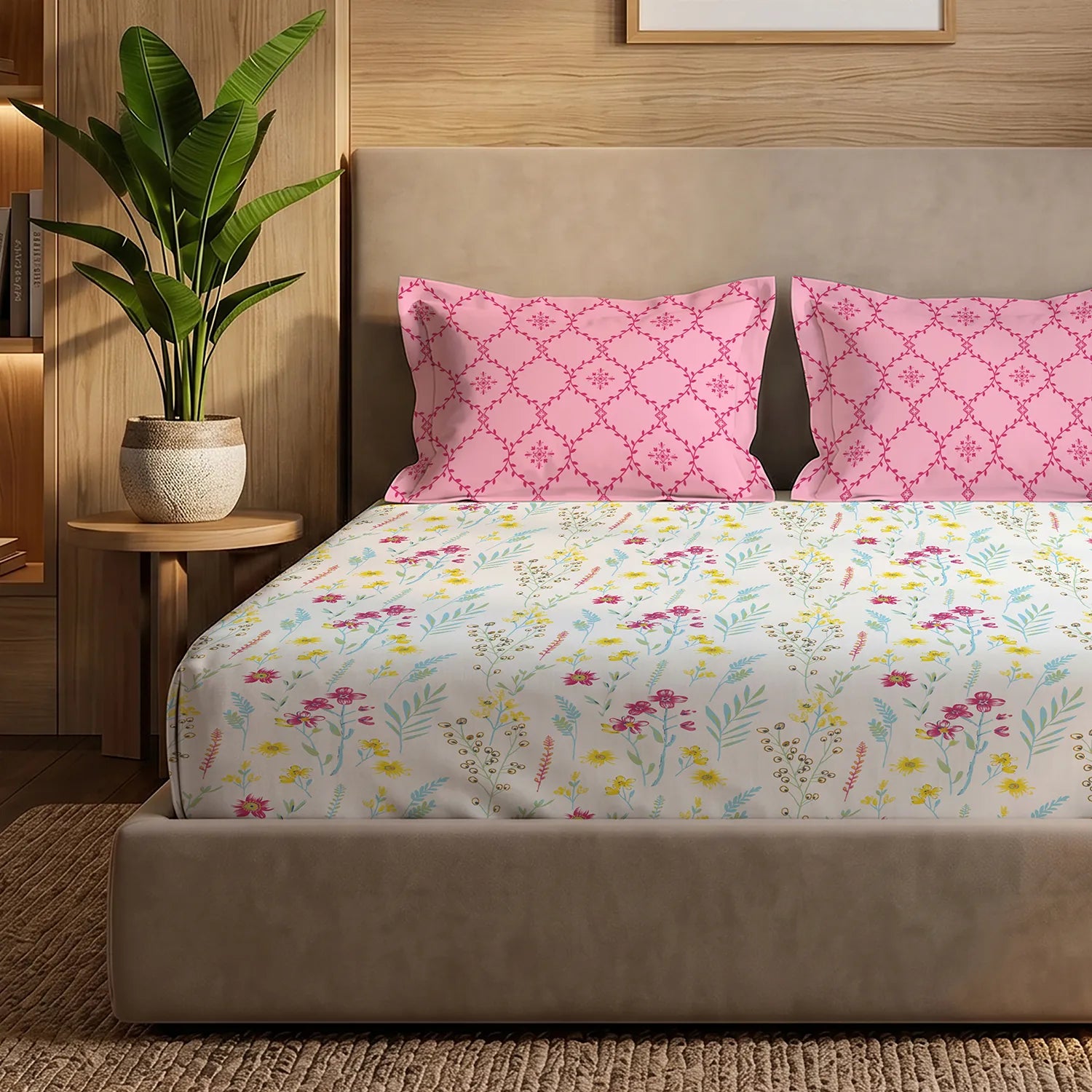 200 TC Glaced Cotton Microfiber Bedsheet with Pillow Covers - France Pink