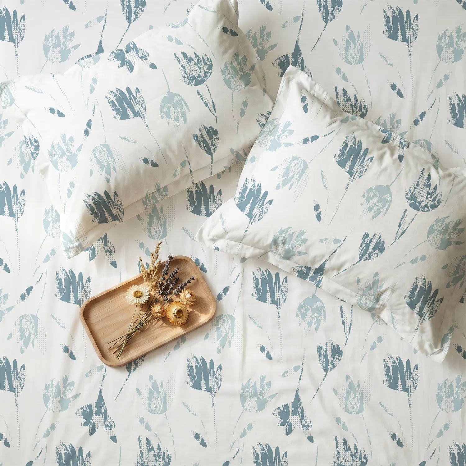 Serene 200 TC 100% Cotton Bedsheet with Pillow Covers - Frosted Tulips Dusty Teal