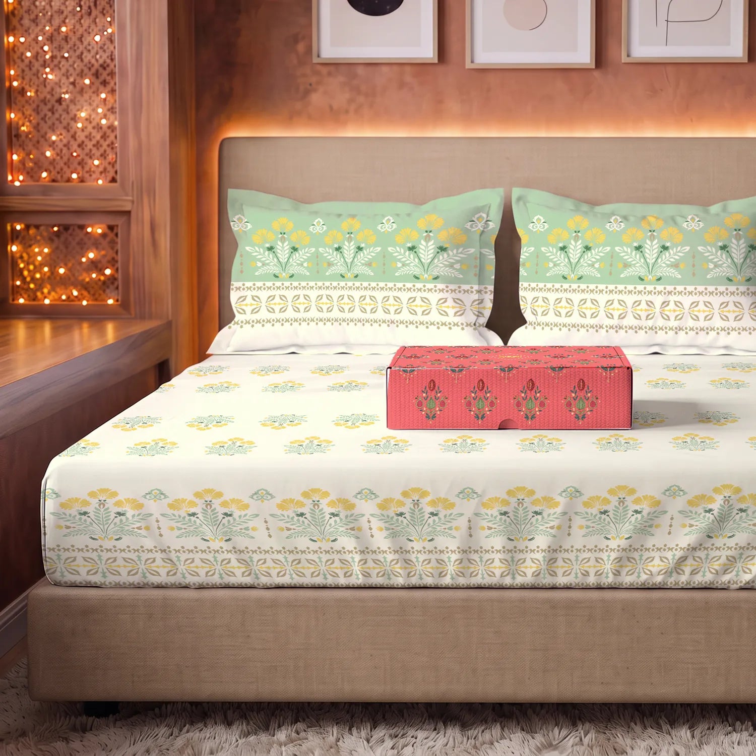 Serene 200 TC 100% Cotton Bedsheet with Pillow Covers in Giftbox - Malhaar Sage Green