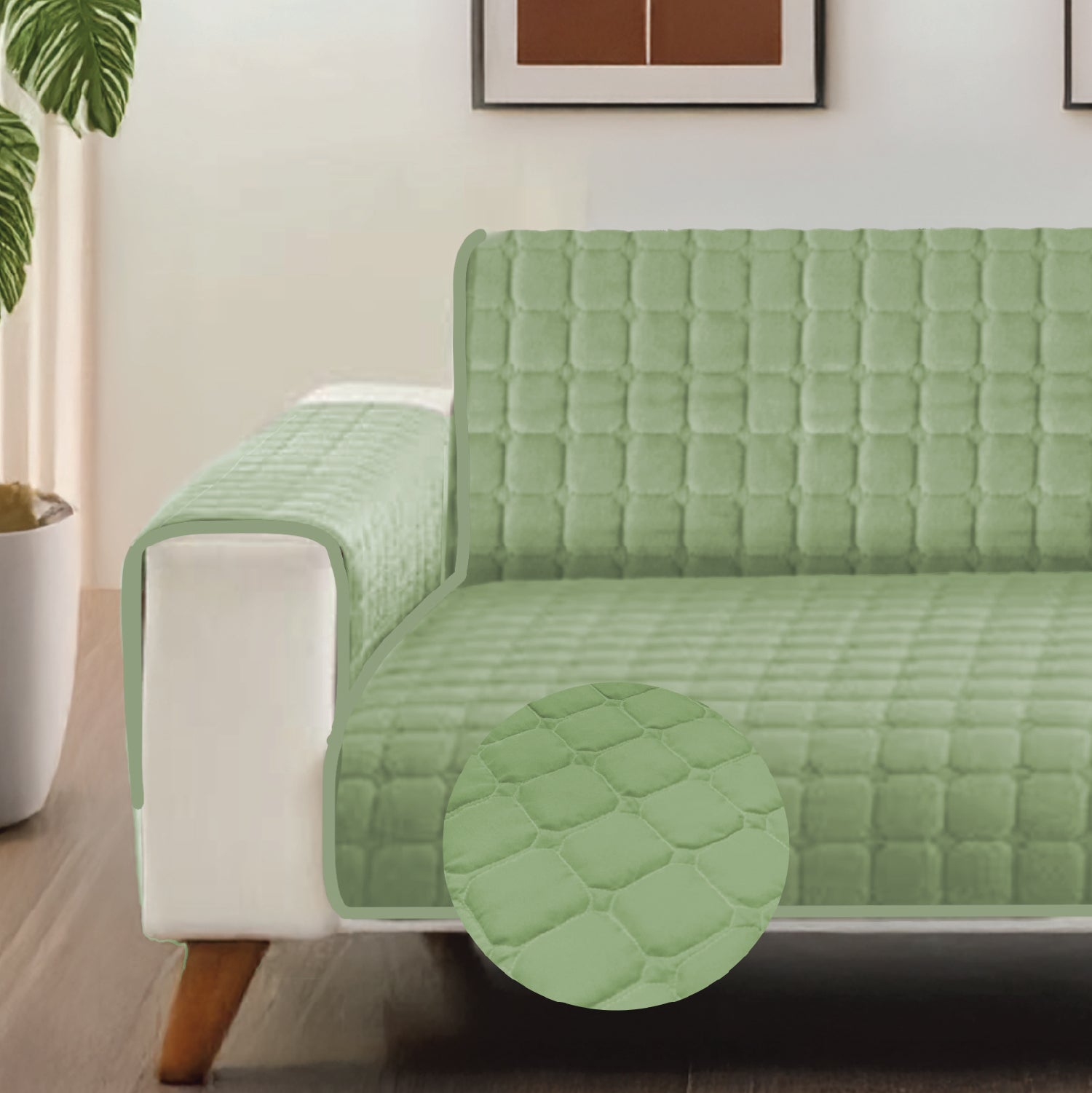 Quilted Microfiber Sofa Cover, Comes With Side Pockets & Strap, Washable - Sage Green