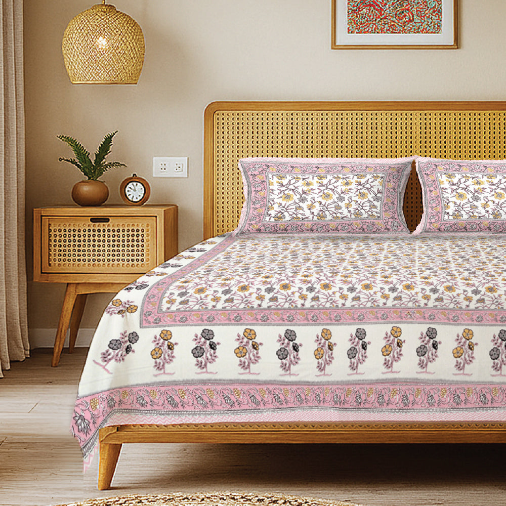 Rajasthani Ethnic 100% Cotton Bedsheet with 2 Pillow Covers, King Bed - Jagmandir Pink