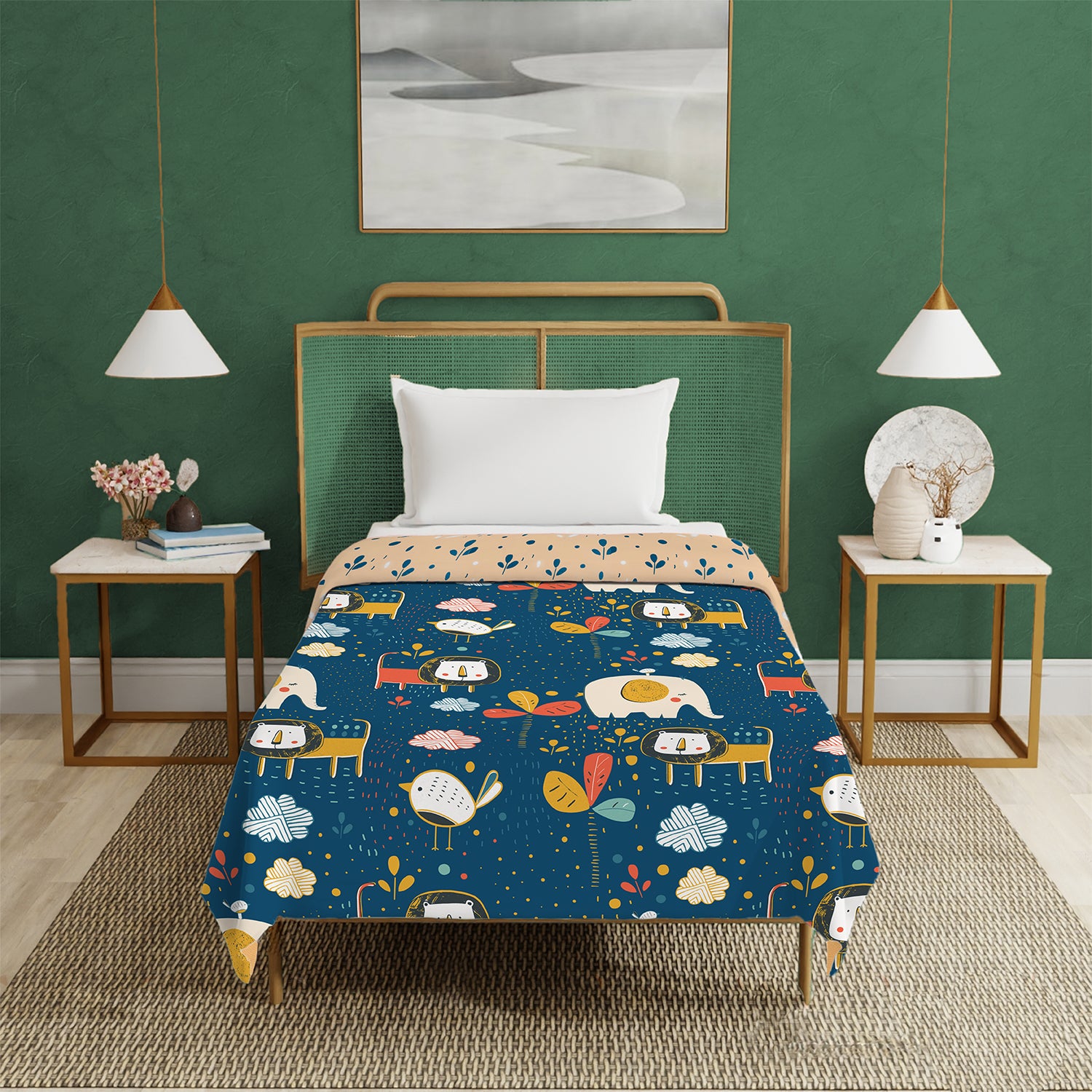 100 % Cotton Reversible Dohar / AC Blanket for Bedroom - Lion King Navy