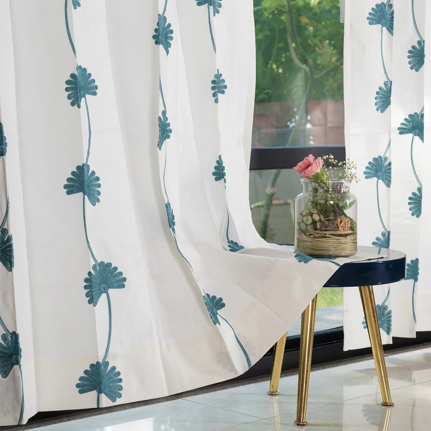 Aarohi Dark Teal Cotton Embroidered Curtain for Window & Door – Pack of 1