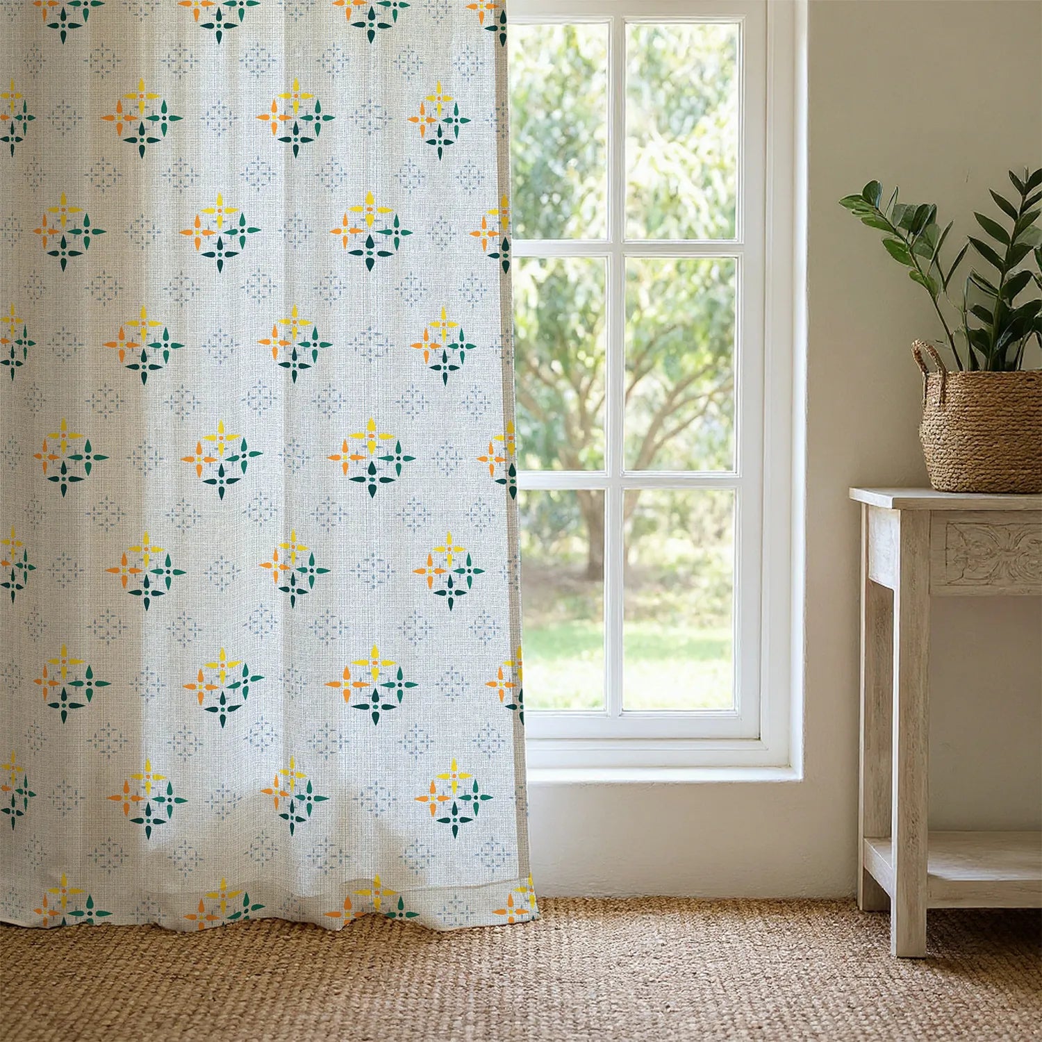 100% Cotton Curtains for Living Room, Bedroom curtains - Pack of 2 curtains, Mosaic - Yellow & Blue