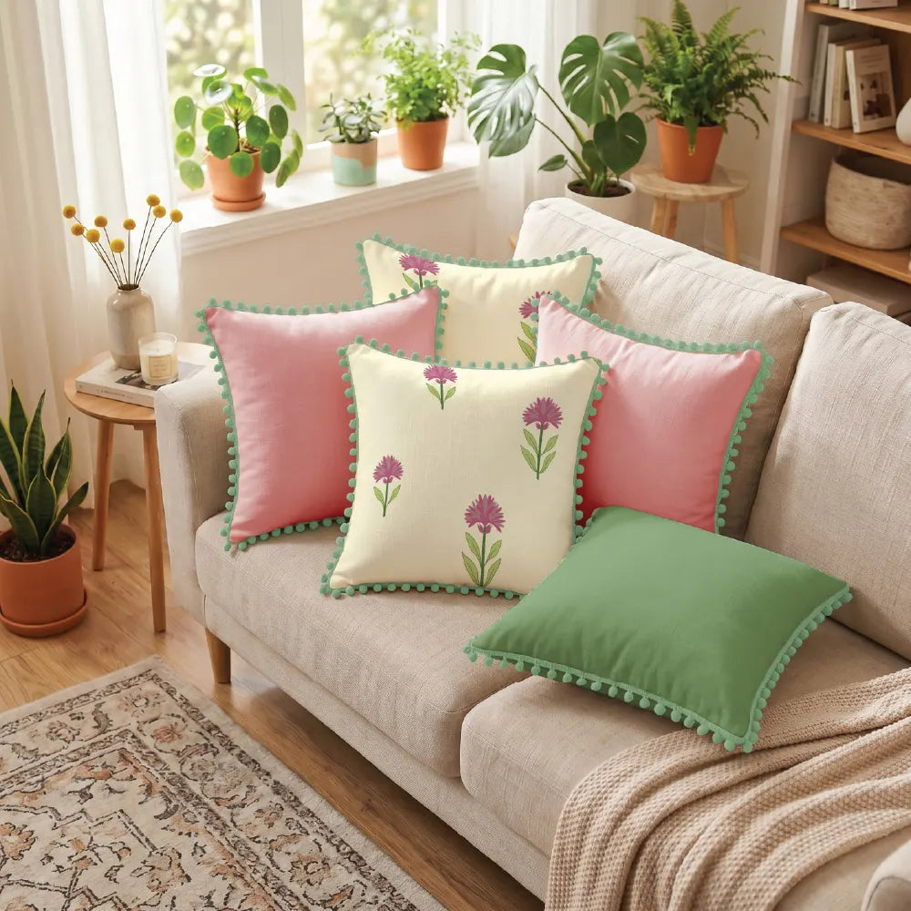 Festive Cushion Covers for Sofa & Couch, Set of 5 - Aster Pink, Aura Pink & Green with Pom