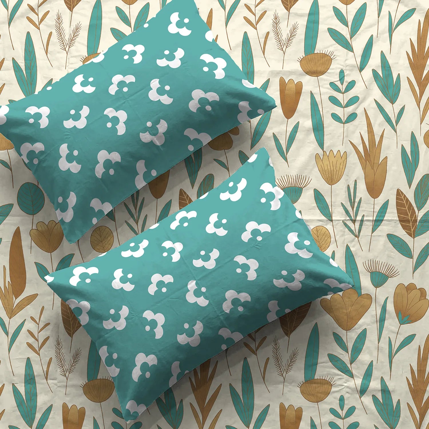 Divine Collection - Cotton Bedsheet With 2 Pillow Covers, Mist Teal Blue