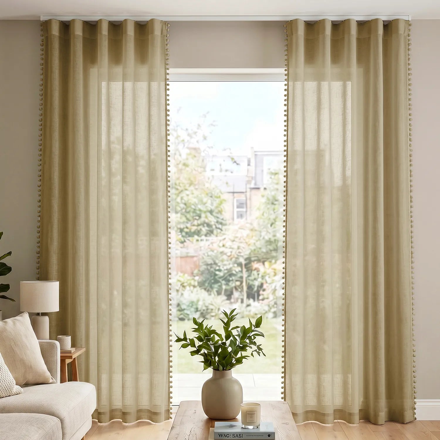 Sheer Curtain for Living Room with linen texture & Track Channel, Net Curtain for balcony, Pack of 2 Curtains -  Taupe with pom pom