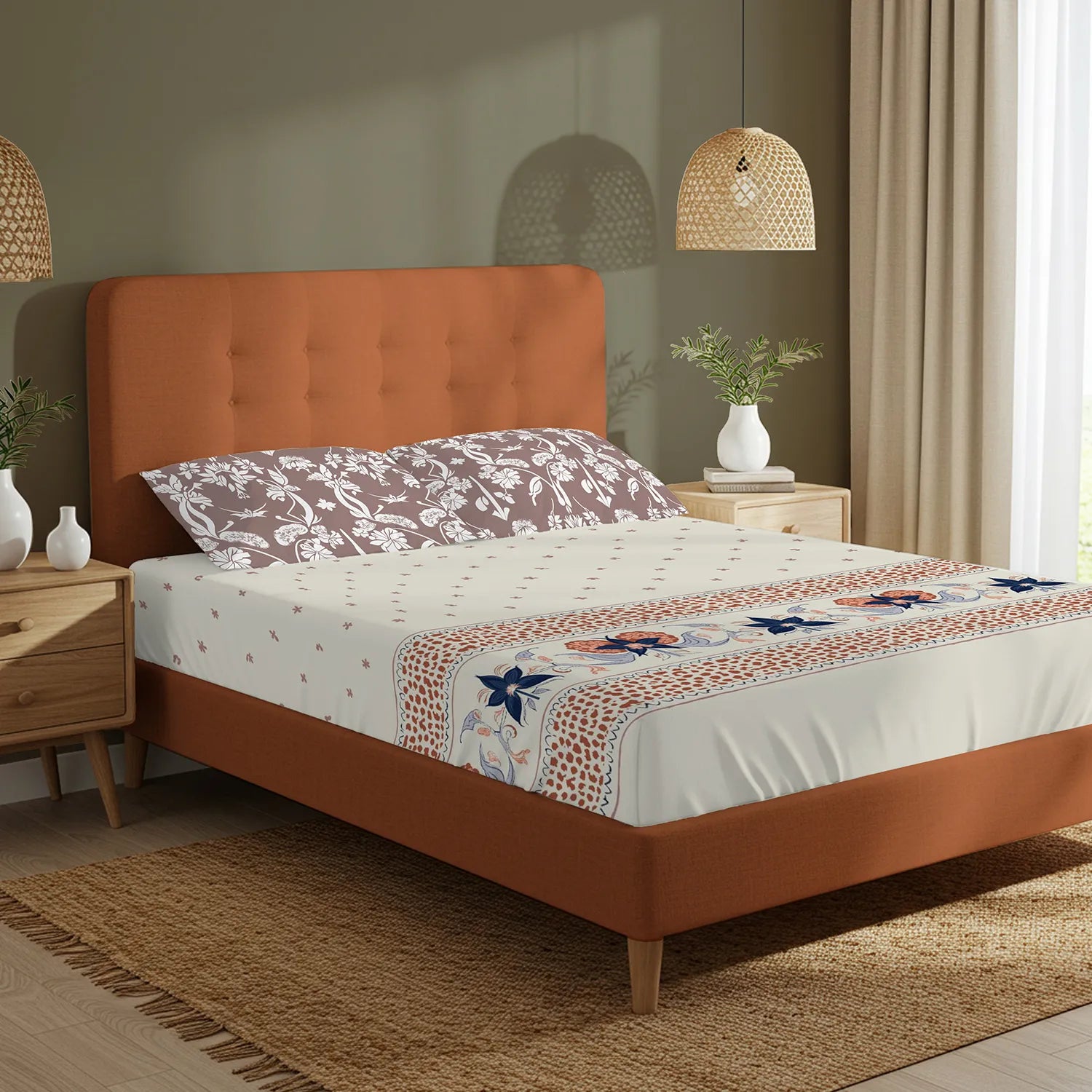 Serene 200 TC 100% Cotton Bedsheet with Pillow Covers - Ivy Bloom Terra