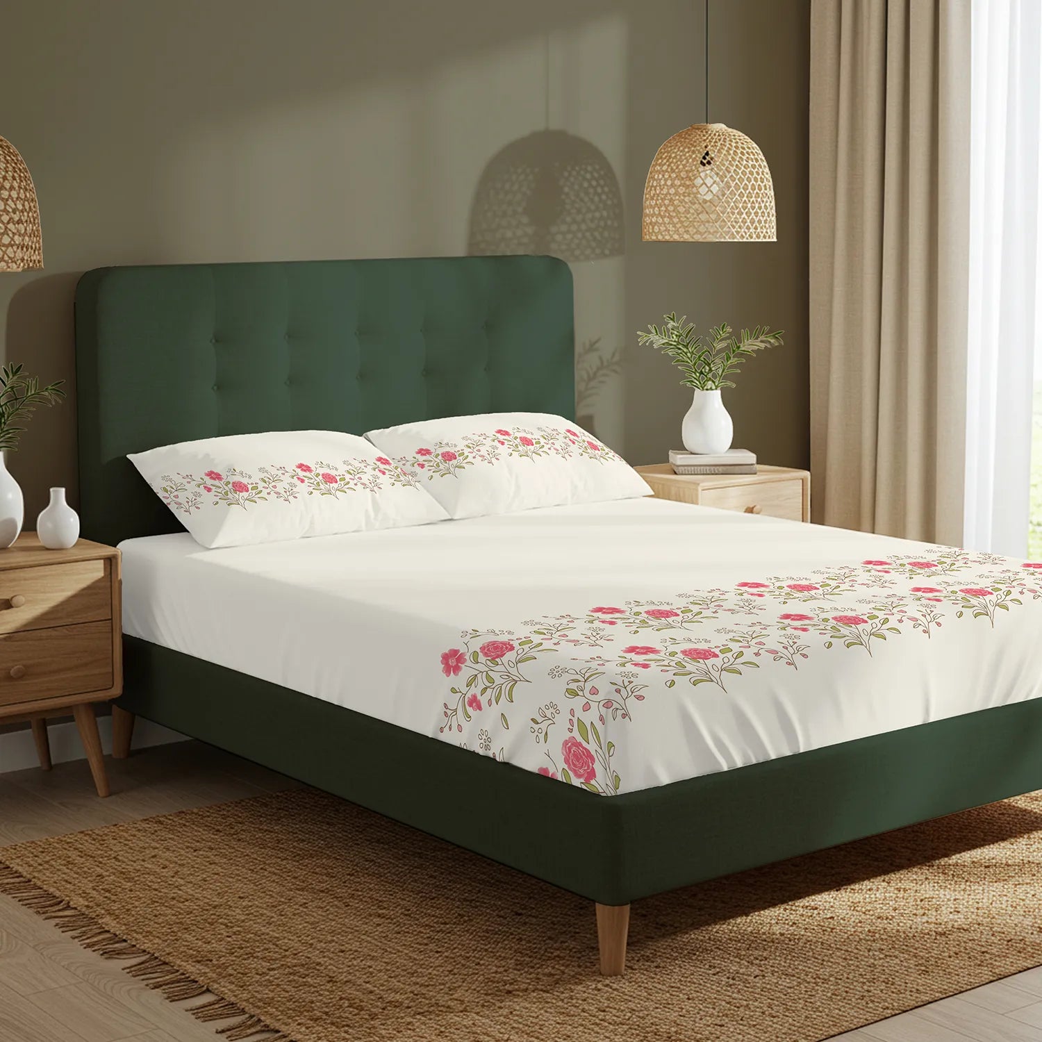 Serene 200 TC 100% Cotton Bedsheet with Pillow Covers - Poppy Blooms