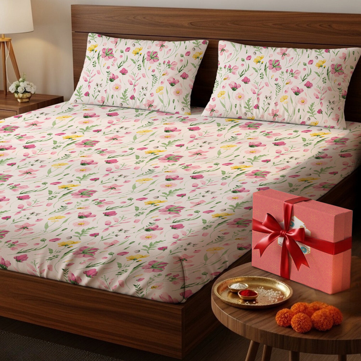 200 TC 100% Cotton Bedsheet Set in Gift Box - Meadows Pink