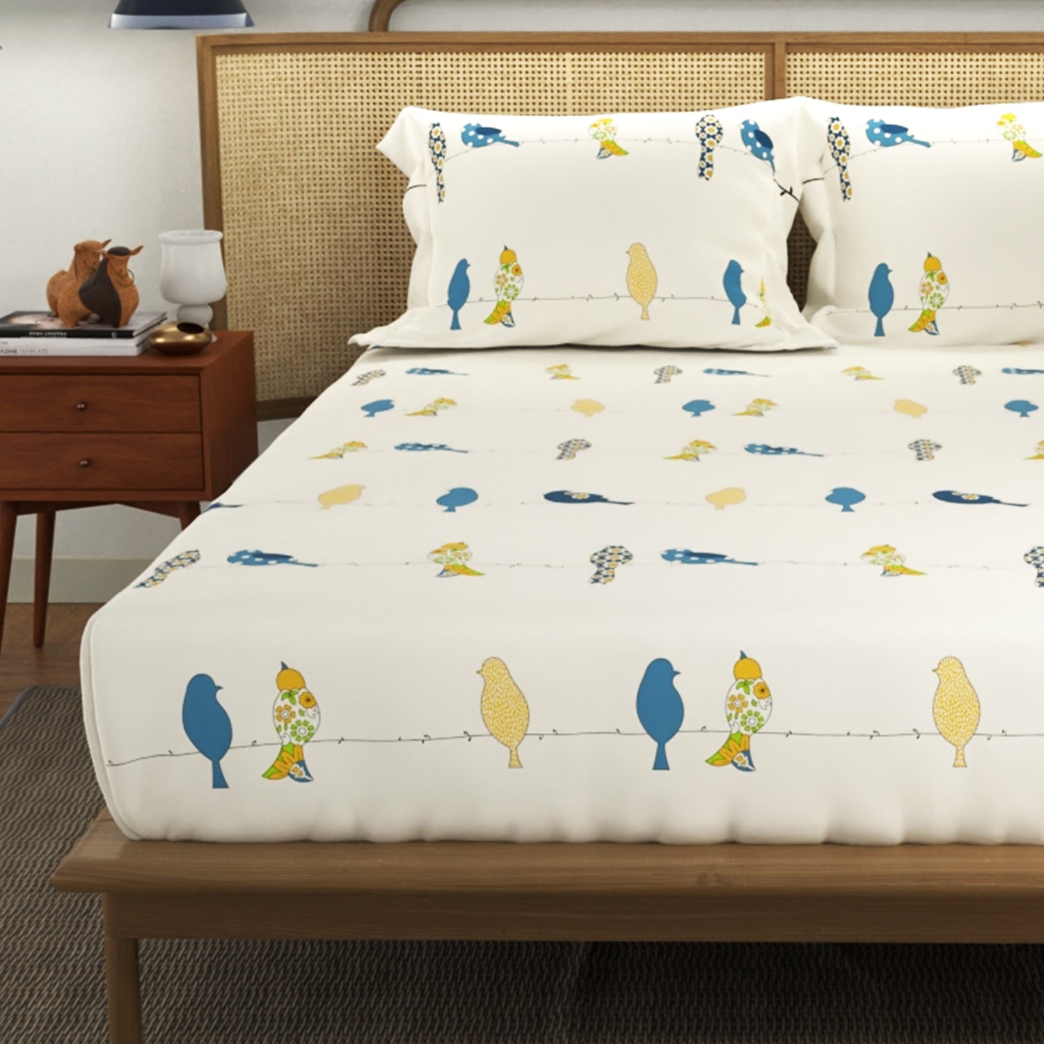 Divine Collection - 144 TC 100%  Cotton Bedsheet with 2 Pillow Covers- Humming Bird Blue