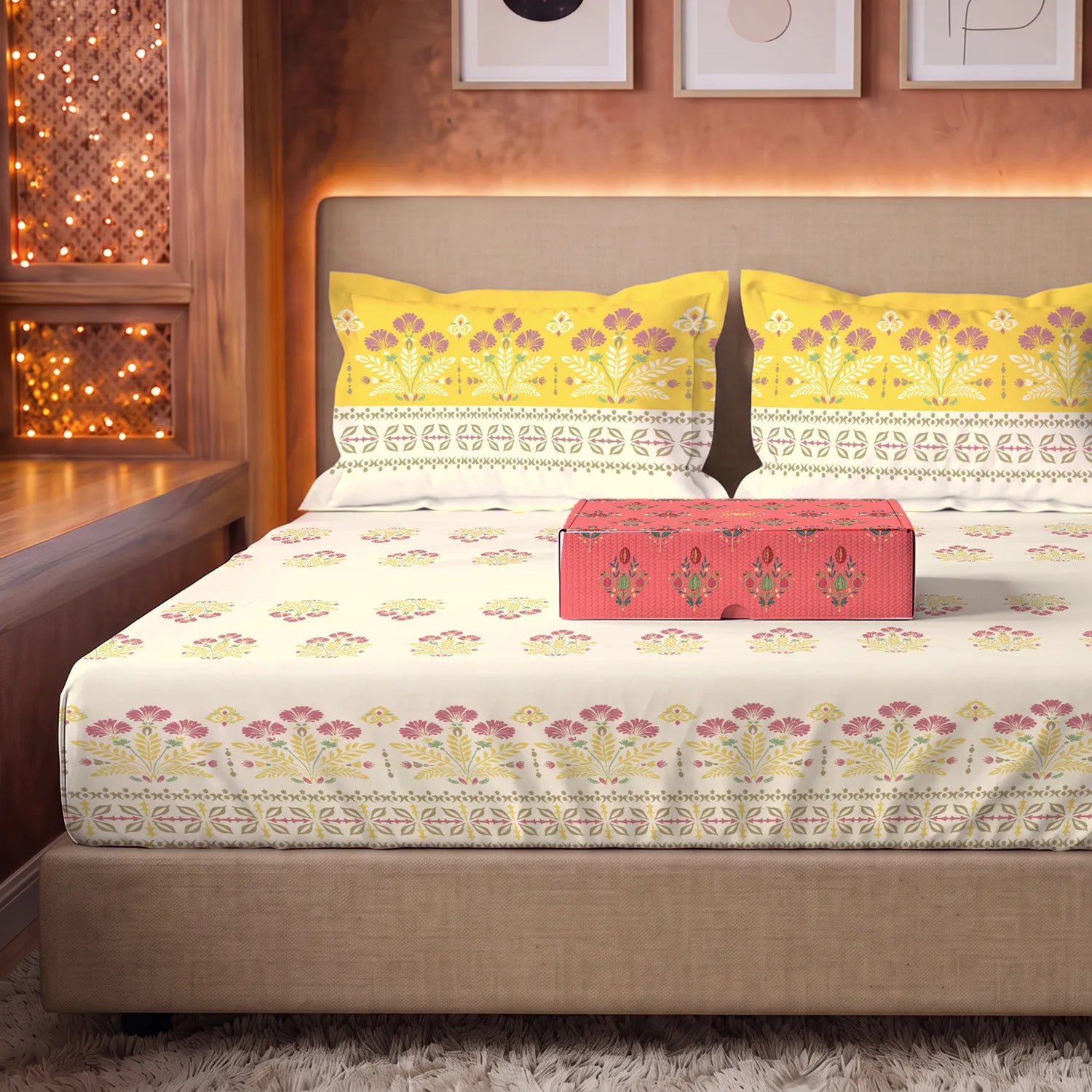 Serene 200 TC 100% Cotton Bedsheet with Pillow Covers in Giftbox - Malhaar Dusty Yellow