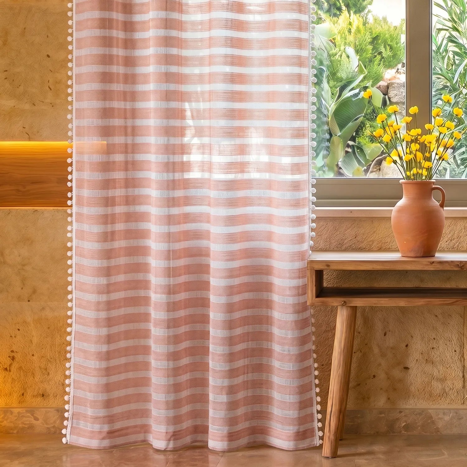 Aari Collection Embriodered Sheer Curtains, 35-40 % Light Filtering Curtains - Pack of 2 - Horizontal Weaves Peach