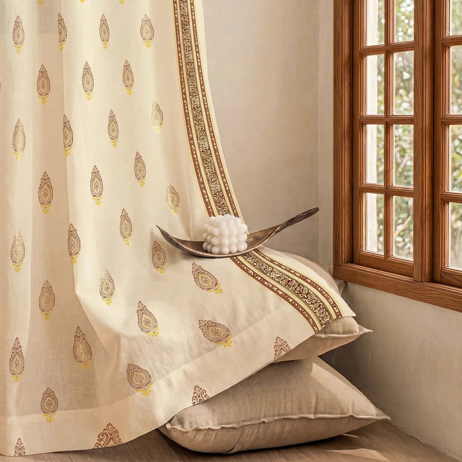 100% Cotton Gold Foil Curtains for Living Room, Bedroom curtains - Pack of 2 curtains, Zari Buta Brown Gold