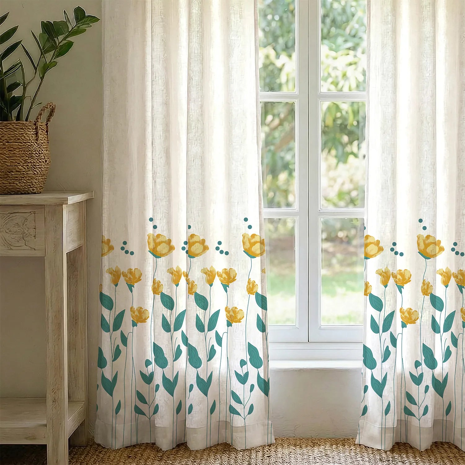 100% Cotton Curtains for Living Room, Bedroom Curtains, Pack of 2 curtains - Sunny Blooms Yellow