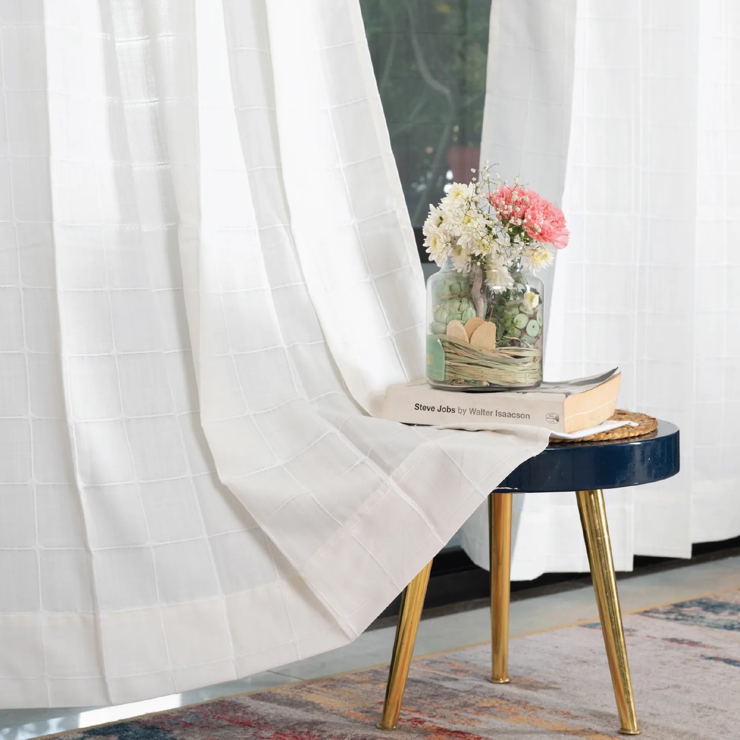 Pixel Checks White Embroidered Cotton Curtains – Set of 2