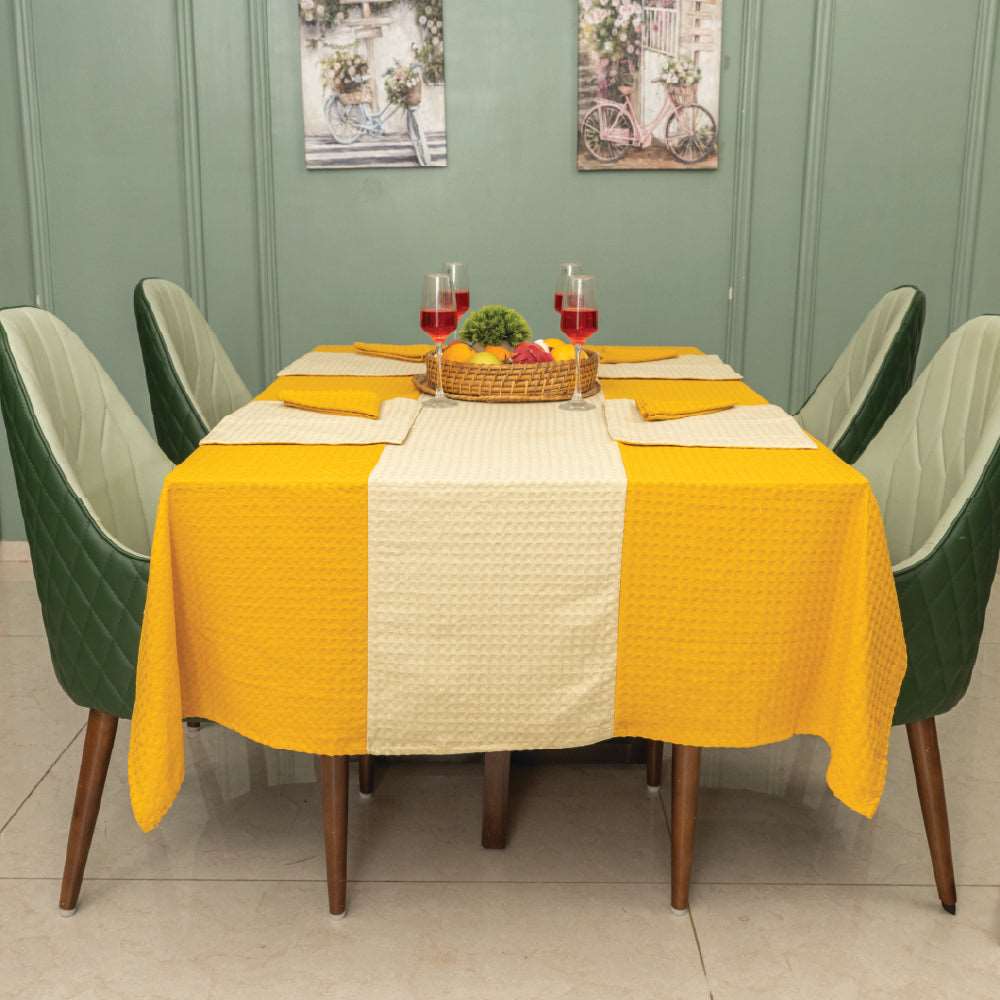 100% Cotton Waffle weave dining table cover Combo - 1 Table Cloth with Reversible Placemats and Matching solid-colored Napkins - Mustard & Beige