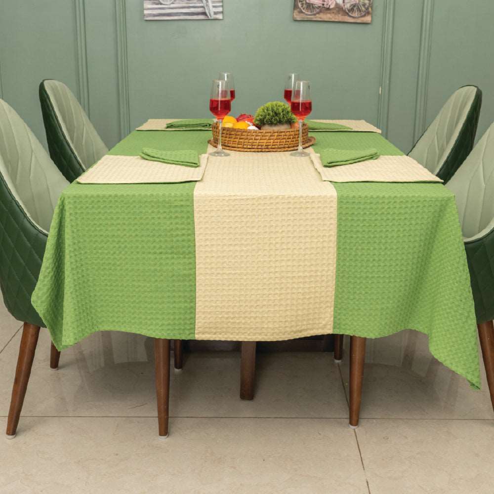 100% Cotton Waffle weave dining table cover Combo - 1 Table Cloth with Reversible Placemats and Matching solid-colored Napkins - Sage Green & Beige