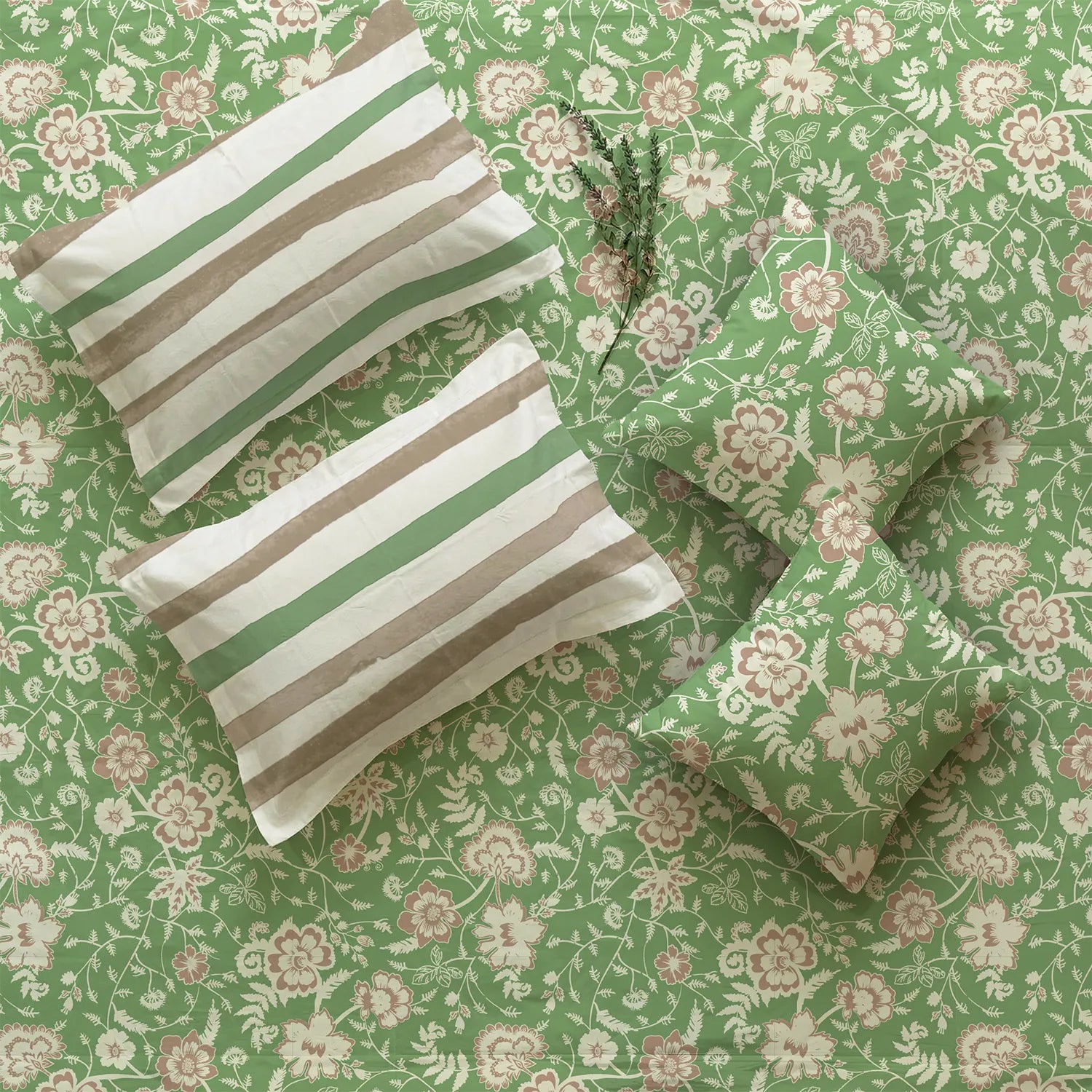 5 PC Cotton Bedsheet Set with 2 Pillow + 2 Cushion Covers - Viola Sage Green