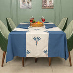 100% Cotton Dining table cover Combo - 1 Table Cloth with Reversible Placemats and Matching solid-colored Napkins - Palm Lagoon Indigo