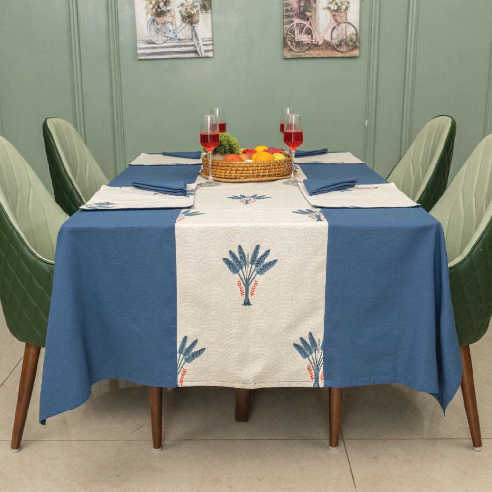 100% Cotton Dining table cover Combo - 1 Table Cloth with Reversible Placemats and Matching solid-colored Napkins - Palm Lagoon Indigo