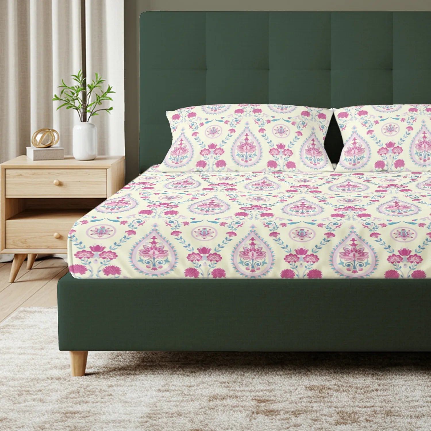 Serene 200 TC 100% Cotton Bedsheet with Pillow Covers - Persian Courtyard Pink