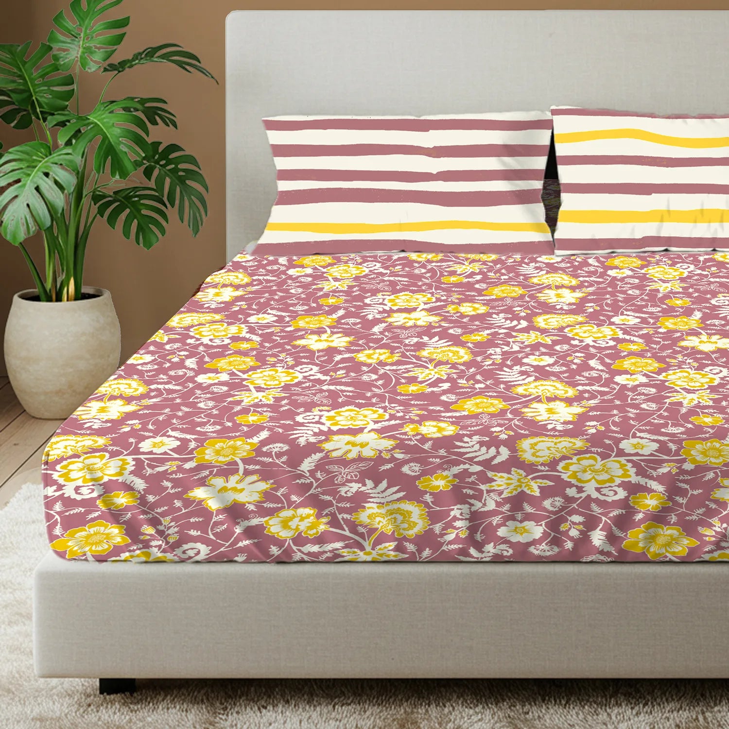Divine Collection - Cotton Bedsheet With 2 Pillow Covers, Viola Muddy Pink
