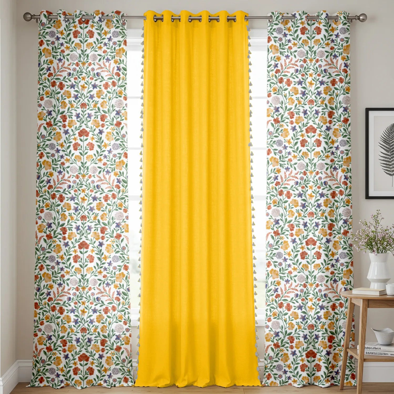 Vasant & Aura Yellow Room Darkening Cotton Curtains Combo – Set of 3