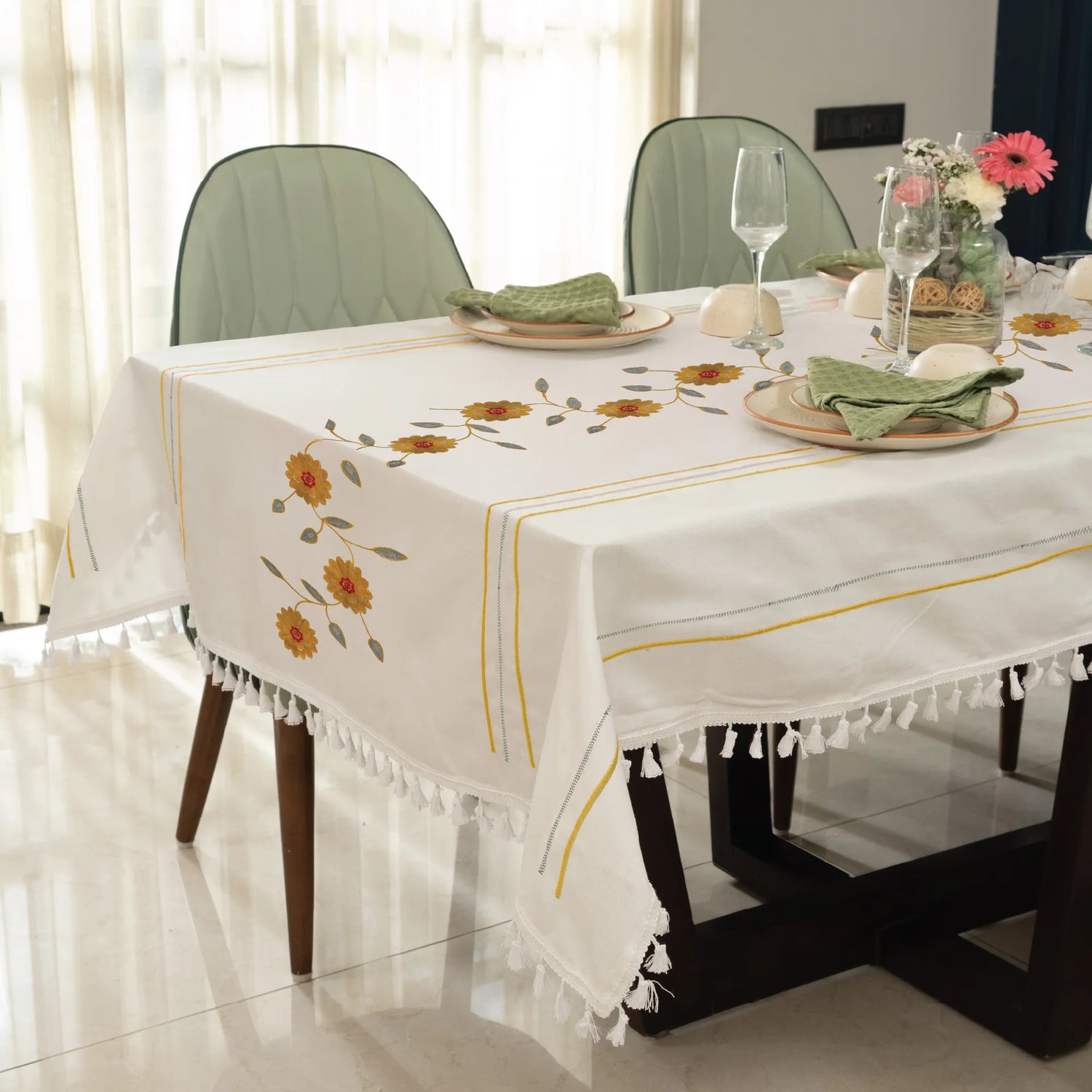 Embroidered Cotton Dining Table, 4 & 6 Seater Table Covers - Bloom Lines