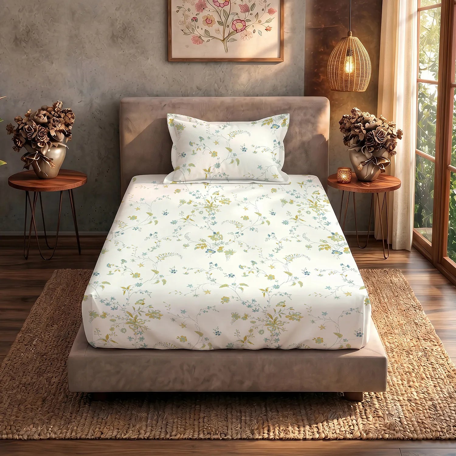 Serene 200 TC 100% Cotton Single Bedsheet with Pillow Covers - Bloom Pearls Sage Mustard